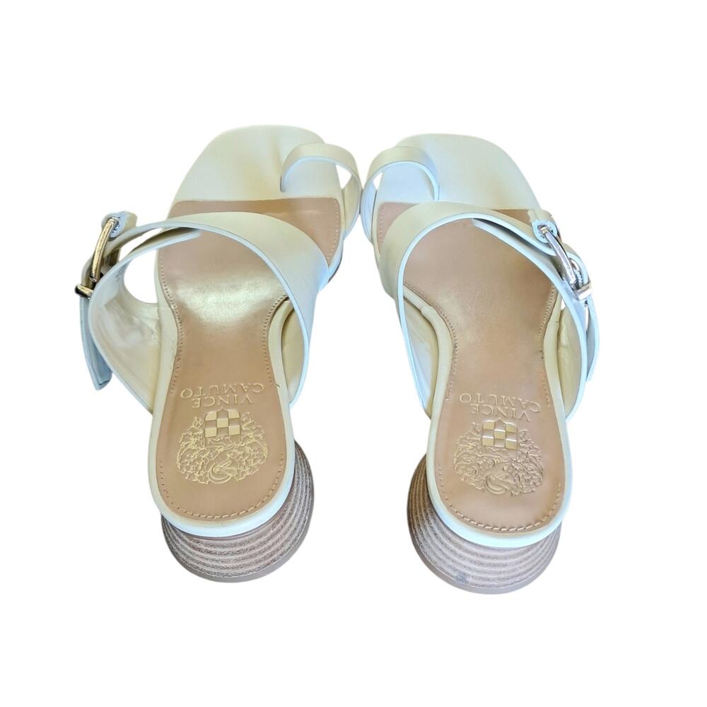 VINCE CAMUTO Cream Leather Lenqua Sandals Size 8M Round Block Heel Preppy Summer - Picture 3 of 10